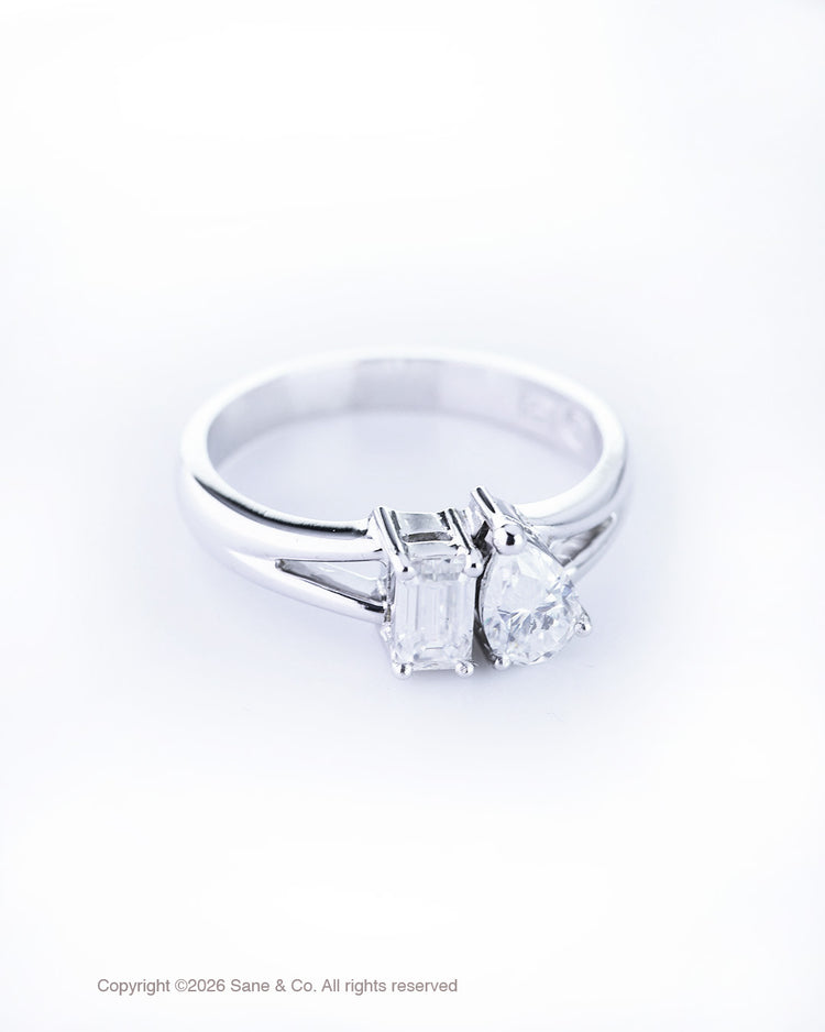 twin half carat ring in 14K white gold.